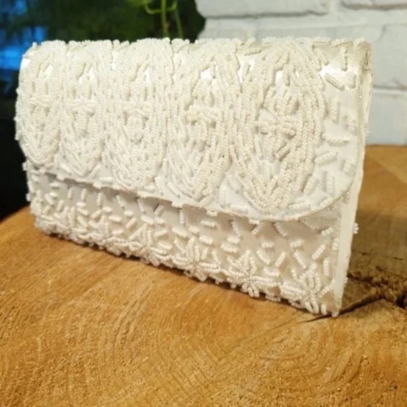 Handbags - Beaded Off white Satin Clutch